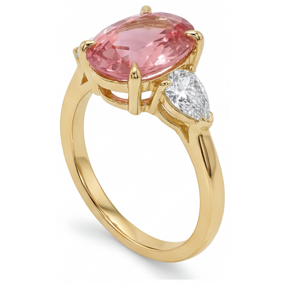 Oval Padparadscha and White Diamond Three Stone Ring Natural 14K Yellow Gold