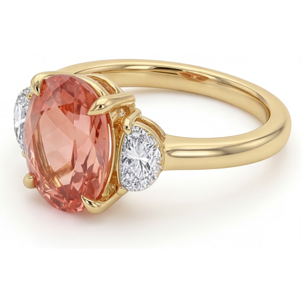 Oval Padparadscha and White Diamond Three Stone Ring Natural 14K Yellow Gold