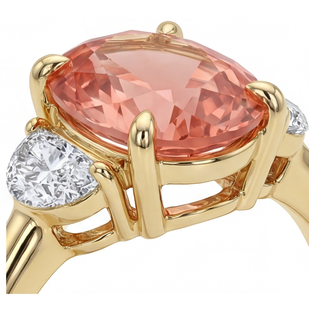 Oval Padparadscha and White Diamond Three Stone Ring Natural 14K Yellow Gold