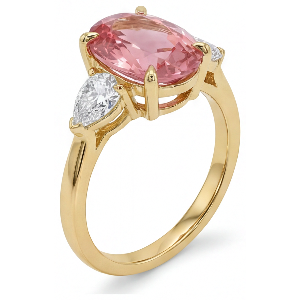 Oval Padparadscha and White Diamond Three Stone Ring Natural 14K Yellow Gold