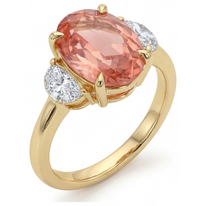 Oval Padparadscha and White Diamond Three Stone Ring Natural 14K Yellow Gold