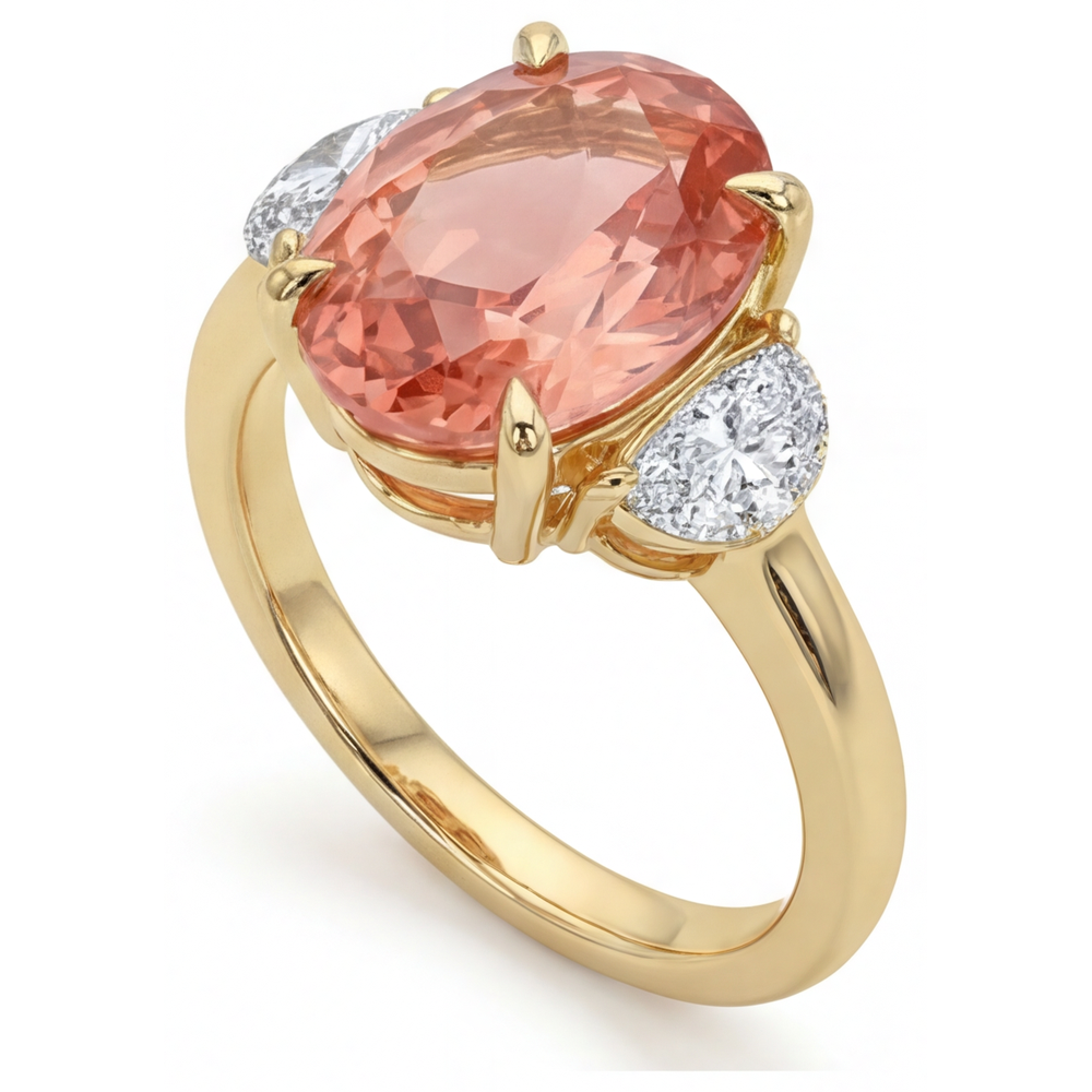 Oval Padparadscha and White Diamond Three Stone Ring Natural 14K Yellow Gold