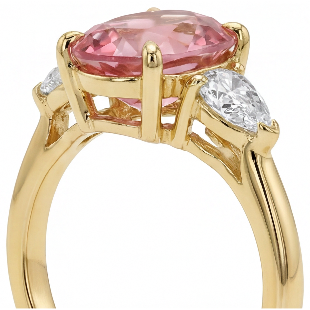 Oval Padparadscha and White Diamond Three Stone Ring Natural 14K Yellow Gold