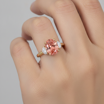 Oval Padparadscha and White Diamond Three Stone Ring Natural 14K Yellow Gold