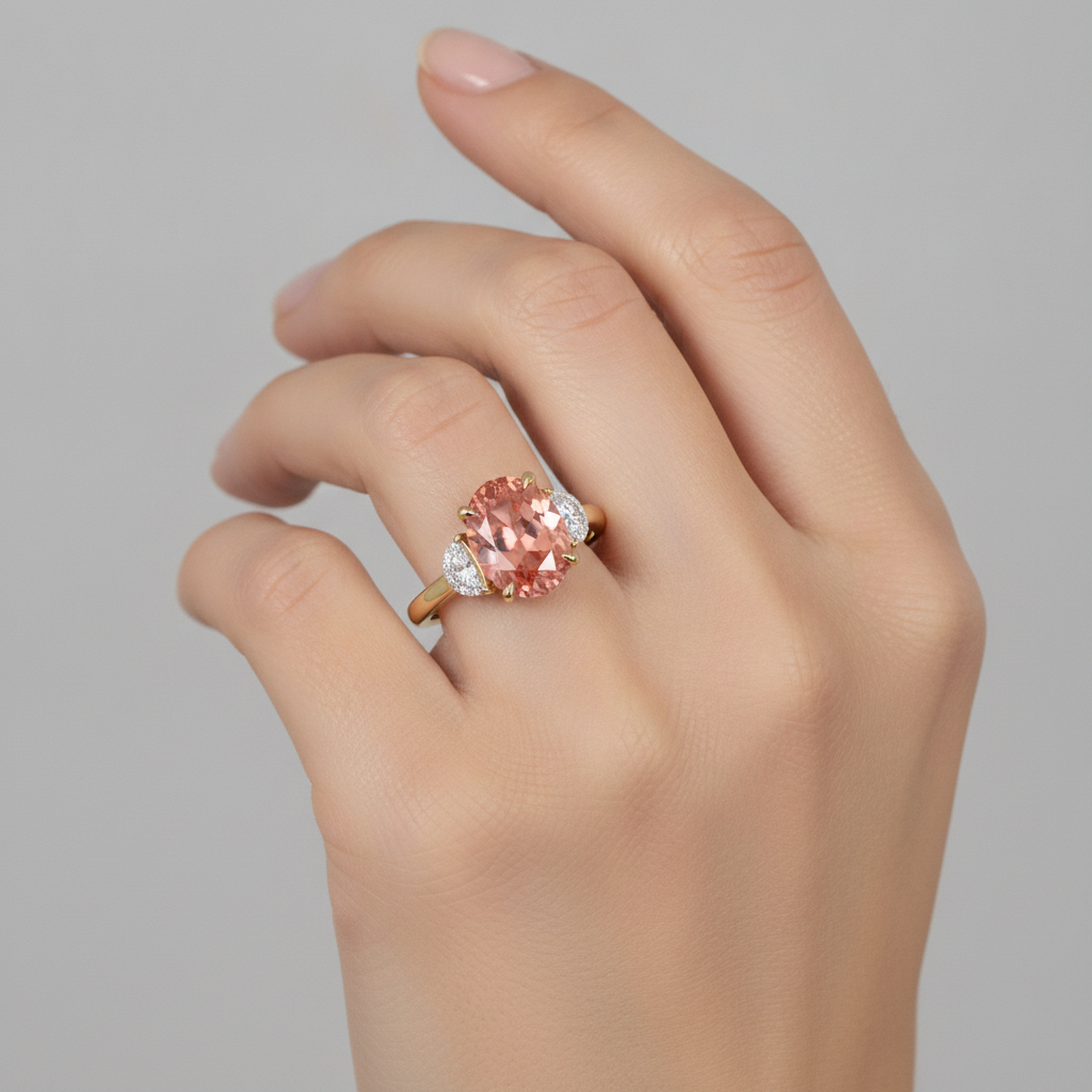 Oval Padparadscha and White Diamond Three Stone Ring Natural 14K Yellow Gold