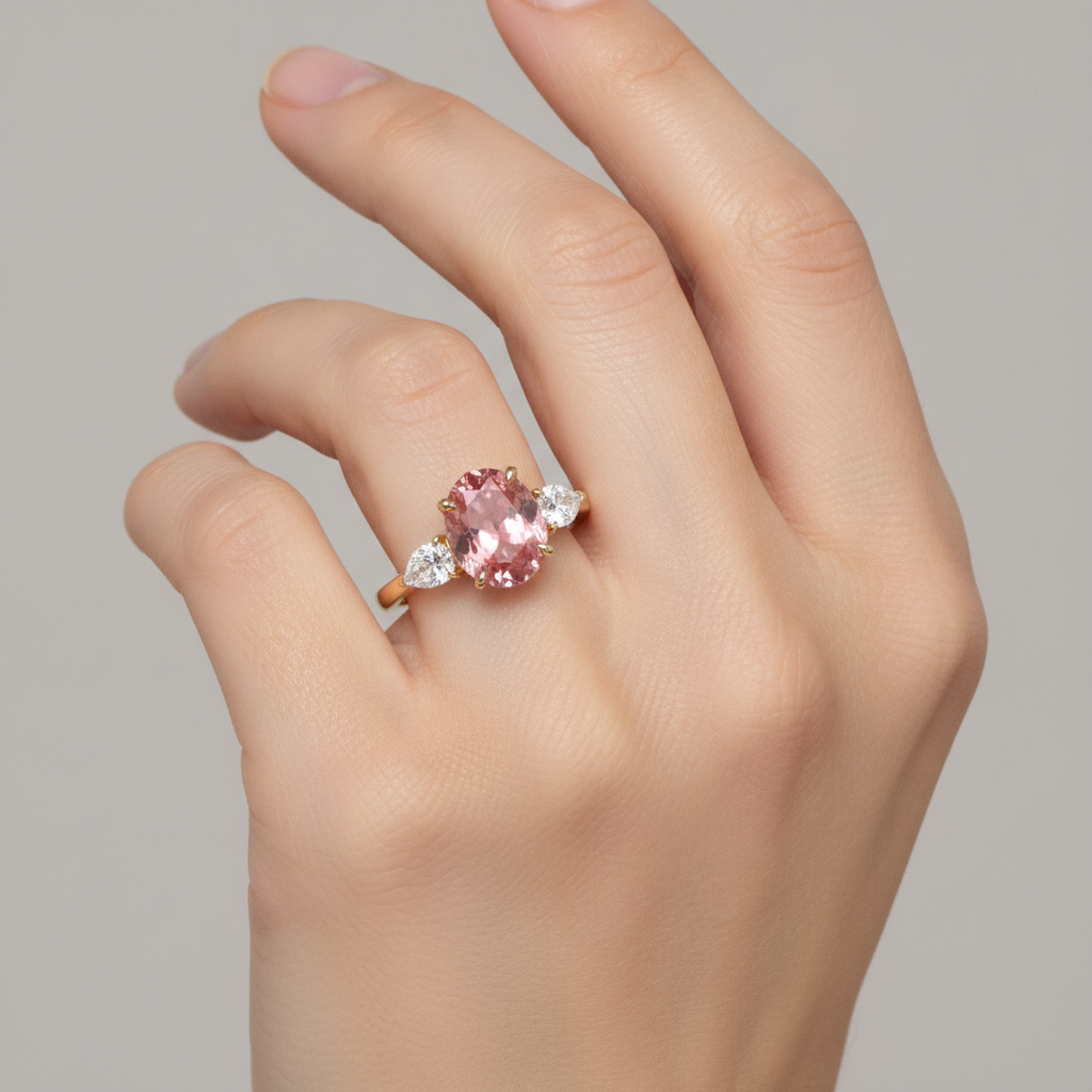 Oval Padparadscha and White Diamond Three Stone Ring Natural 14K Yellow Gold