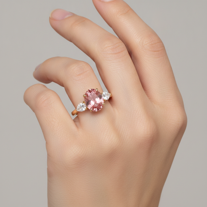 Oval Padparadscha and White Diamond Three Stone Ring Natural 14K Yellow Gold