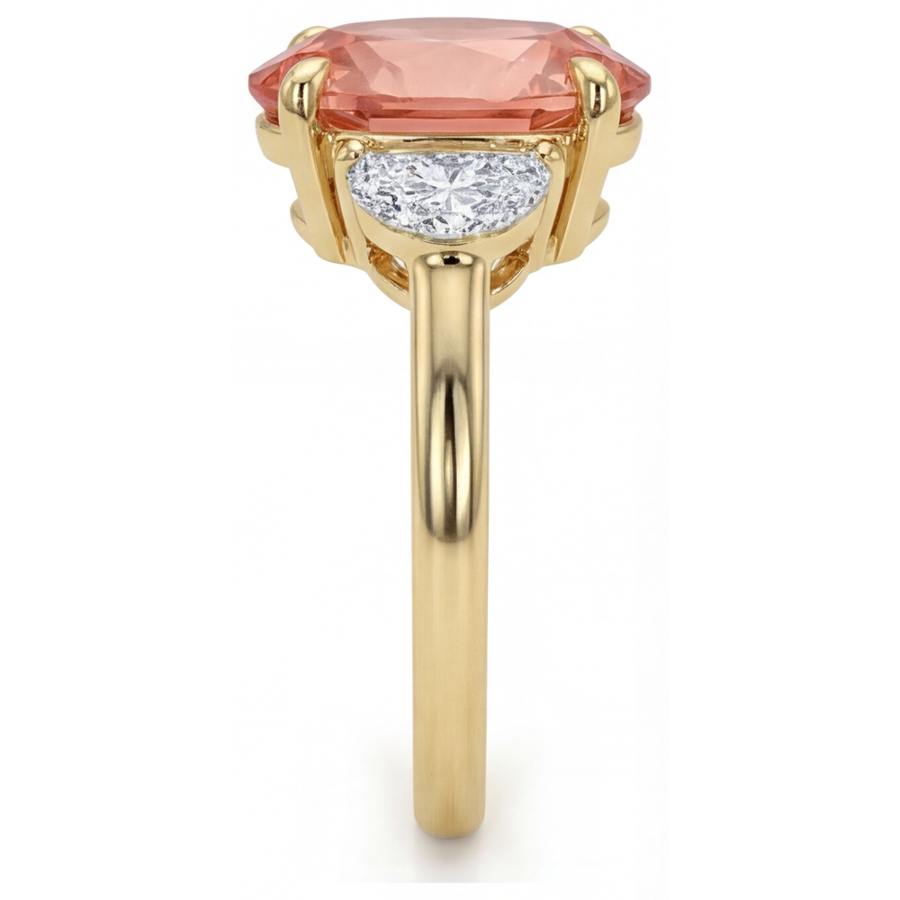 Oval Padparadscha and White Diamond Three Stone Ring Natural 14K Yellow Gold