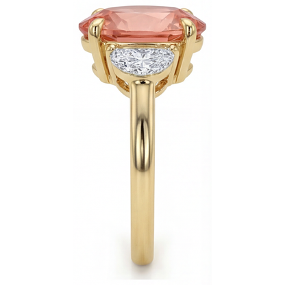 Oval Padparadscha and White Diamond Three Stone Ring Natural 14K Yellow Gold