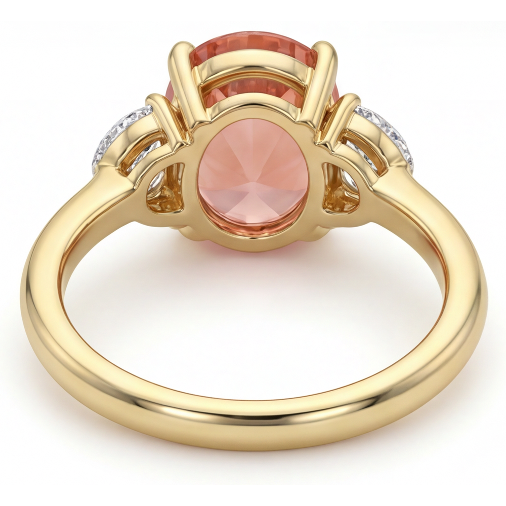 Oval Padparadscha and White Diamond Three Stone Ring Natural 14K Yellow Gold