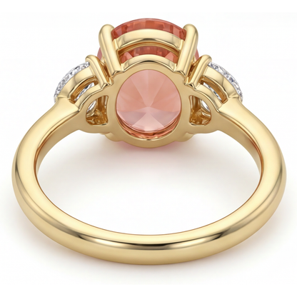 Oval Padparadscha and White Diamond Three Stone Ring Natural 14K Yellow Gold