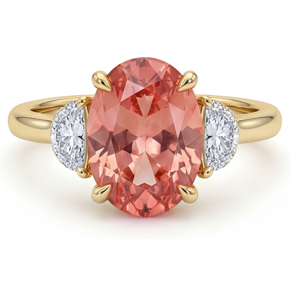 Oval Padparadscha and White Diamond Three Stone Ring Natural 14K Yellow Gold