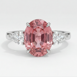 Oval Padparadscha and White Pear Three Stone Ring Natural Platinum