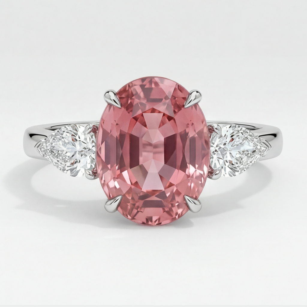 Oval Padparadscha and White Pear Three Stone Ring Natural Platinum