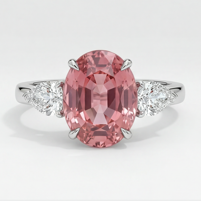 Oval Padparadscha and White Pear Three Stone Ring Natural Platinum