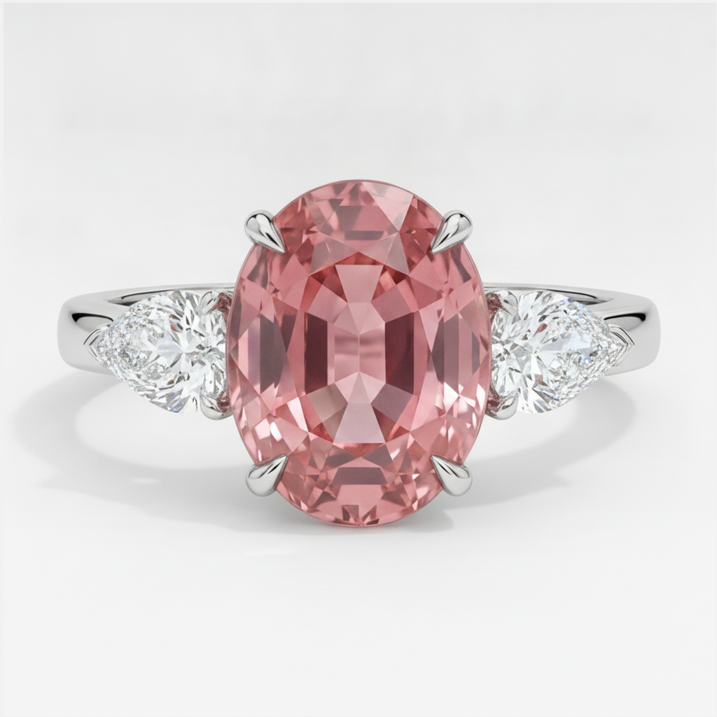 Oval Padparadscha and White Pear Three Stone Ring Natural Platinum