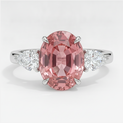 Oval Padparadscha and White Pear Three Stone Ring Natural Platinum