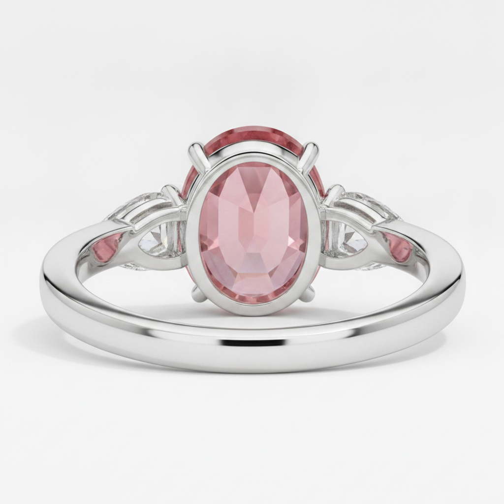 Oval Padparadscha and White Pear Three Stone Ring Natural Platinum
