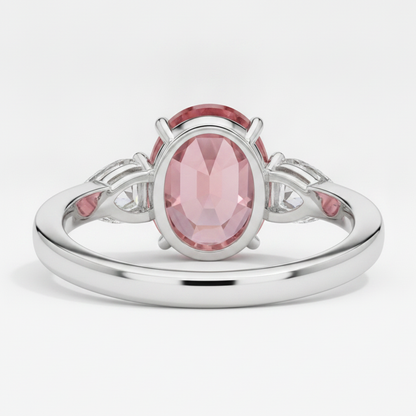 Oval Padparadscha and White Pear Three Stone Ring Natural Platinum