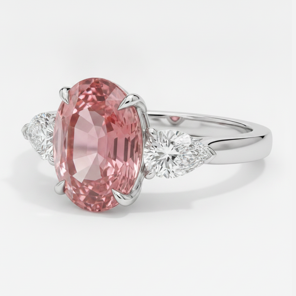 Oval Padparadscha and White Pear Three Stone Ring Natural Platinum