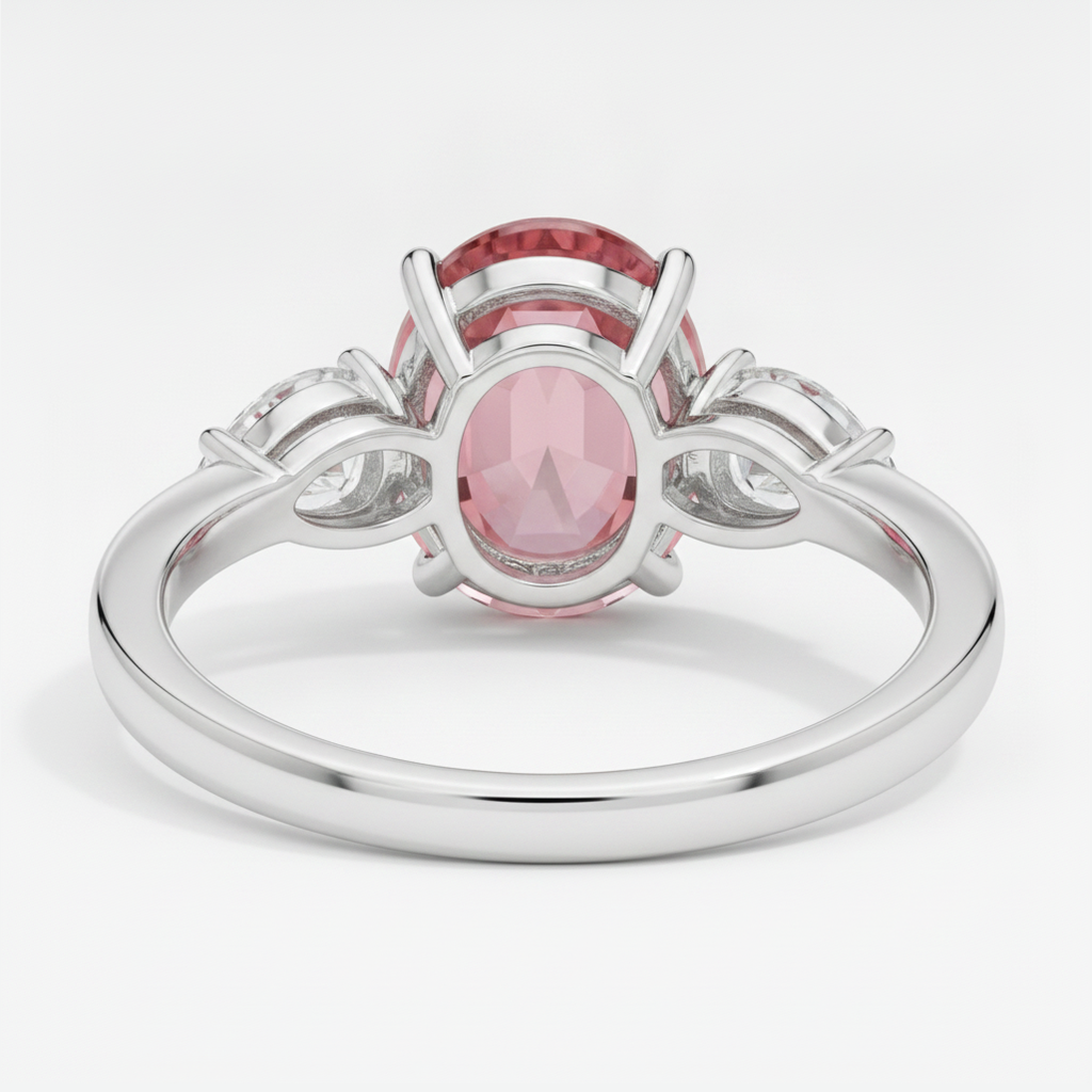 Oval Padparadscha and White Pear Three Stone Ring Natural Platinum