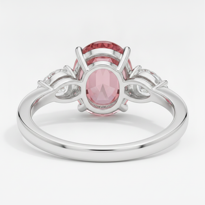 Oval Padparadscha and White Pear Three Stone Ring Natural Platinum