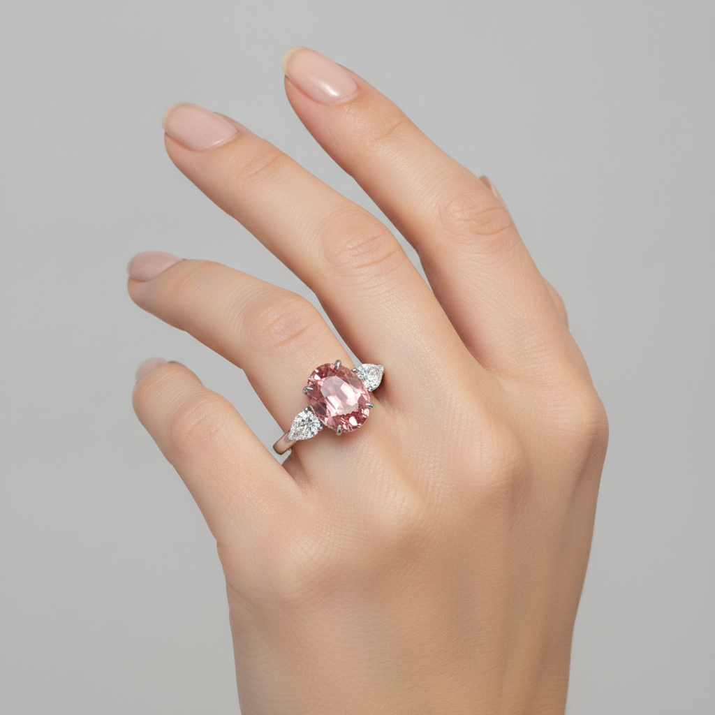 Oval Padparadscha and White Pear Three Stone Ring Natural Platinum