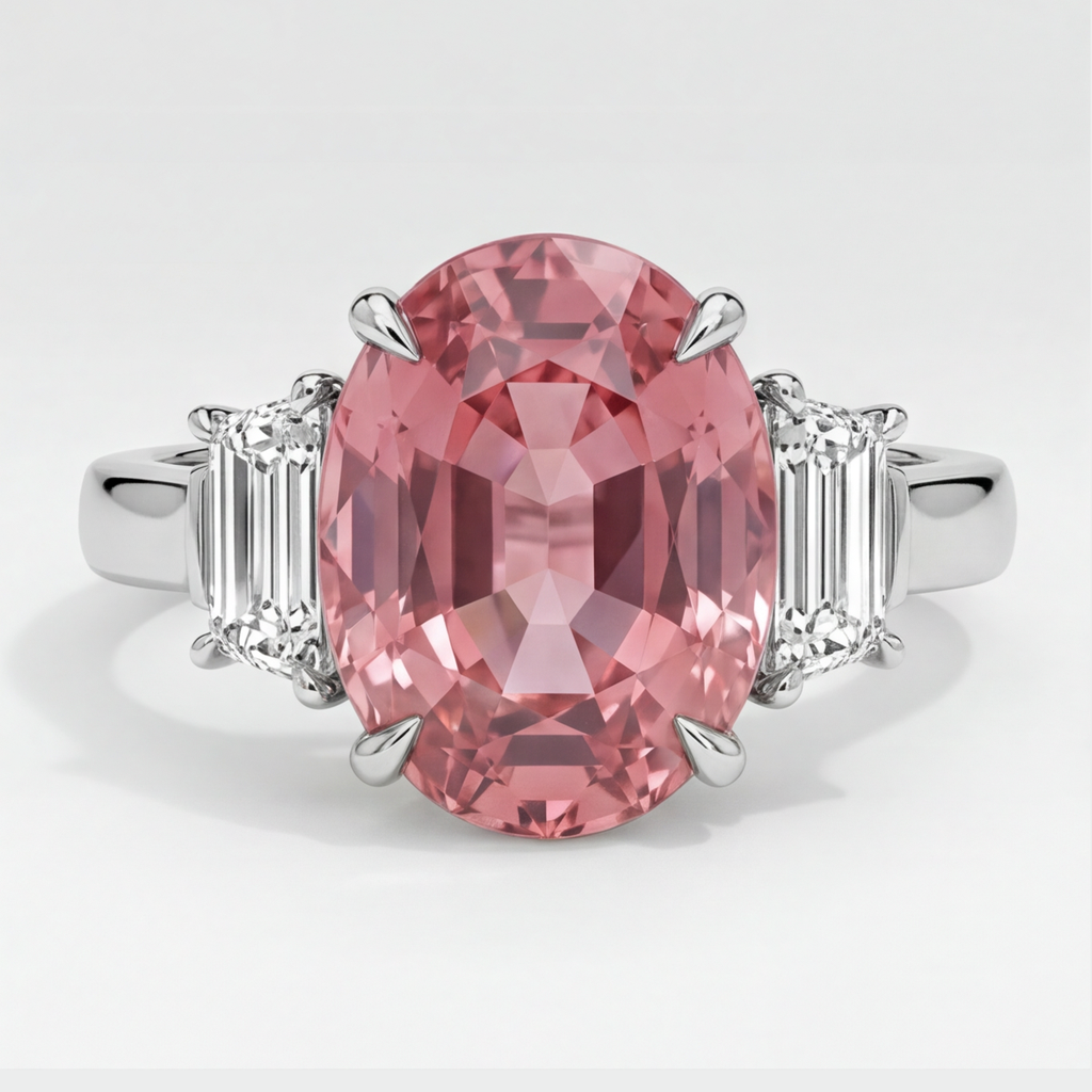 Oval Padparadscha and White Trapezoid Three Stone Ring Natural Platinum