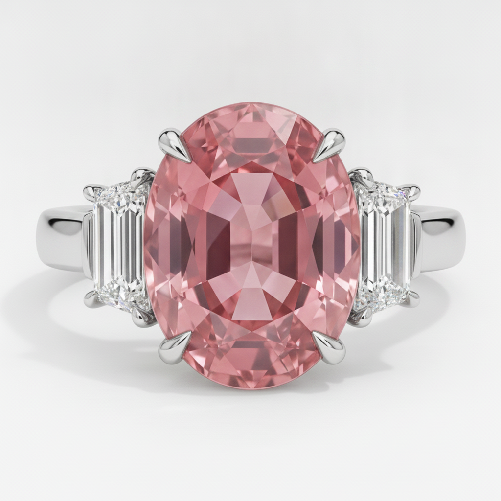 Oval Padparadscha and White Trapezoid Three Stone Ring Natural Platinum