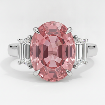 Oval Padparadscha and White Trapezoid Three Stone Ring Natural Platinum