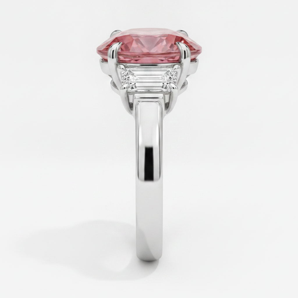 Oval Padparadscha and White Trapezoid Three Stone Ring Natural Platinum