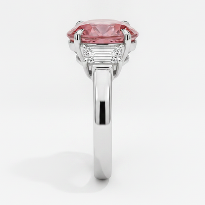 Oval Padparadscha and White Trapezoid Three Stone Ring Natural Platinum