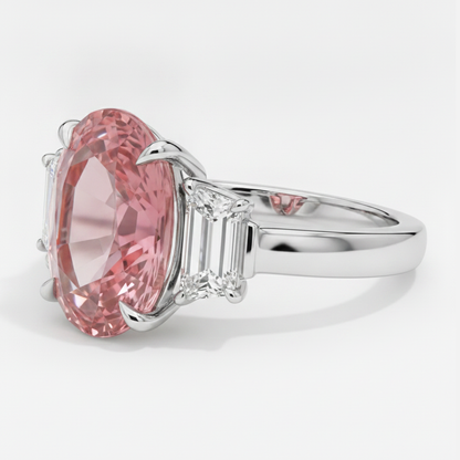Oval Padparadscha and White Trapezoid Three Stone Ring Natural Platinum
