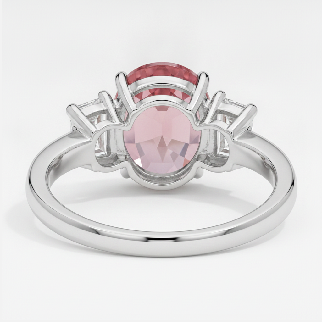 Oval Padparadscha and White Trapezoid Three Stone Ring Natural Platinum