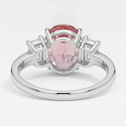 Oval Padparadscha and White Trapezoid Three Stone Ring Natural Platinum
