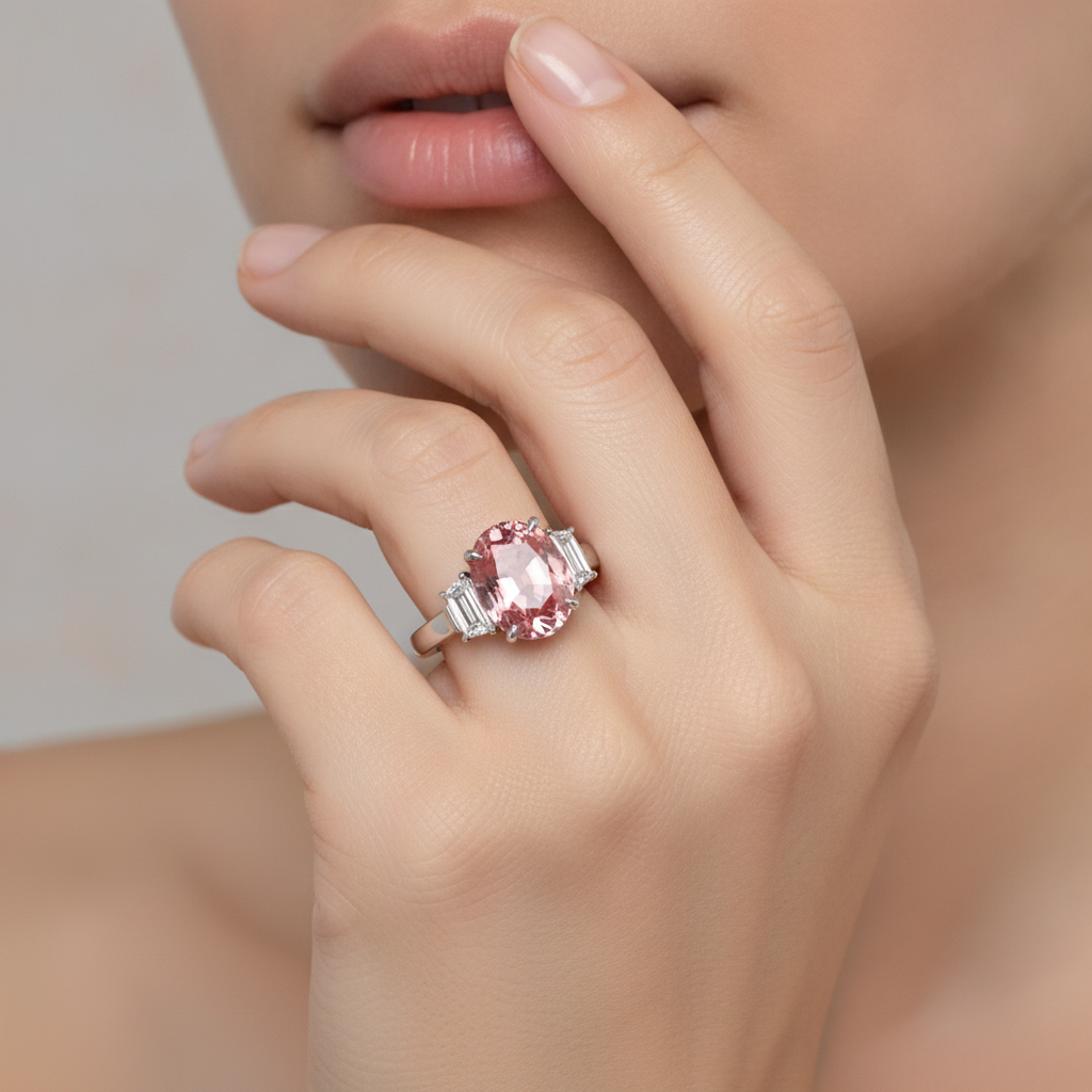 Oval Padparadscha and White Trapezoid Three Stone Ring Natural Platinum