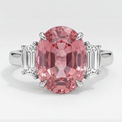 Padparadscha Sapphire Ring 3 Carat Real Oval and White Trapezoid Three Stone Platinum