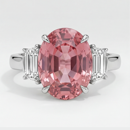 Oval Padparadscha and White Trapezoid Three Stone Ring Natural Platinum