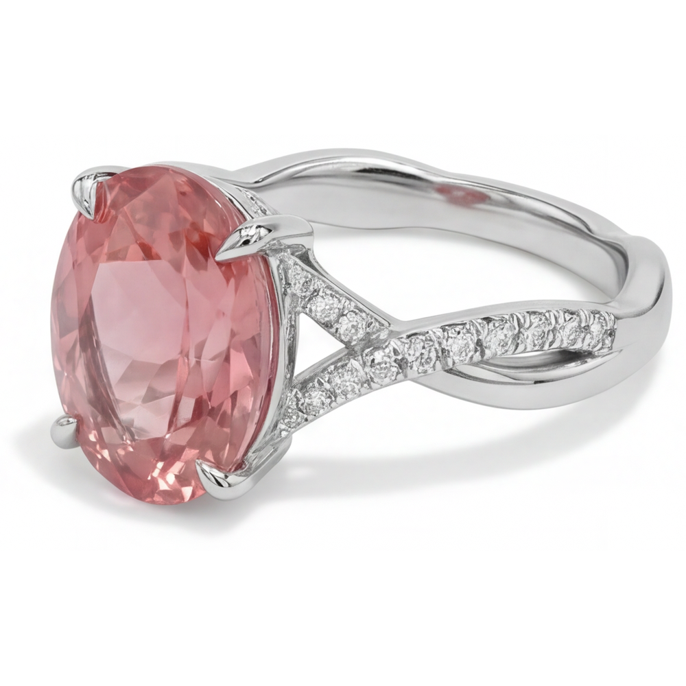 Oval Padparadscha Bypass Ring Natural 14K White Gold