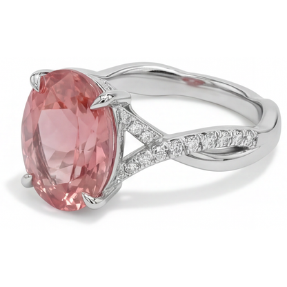 Oval Padparadscha Bypass Ring Natural 14K White Gold