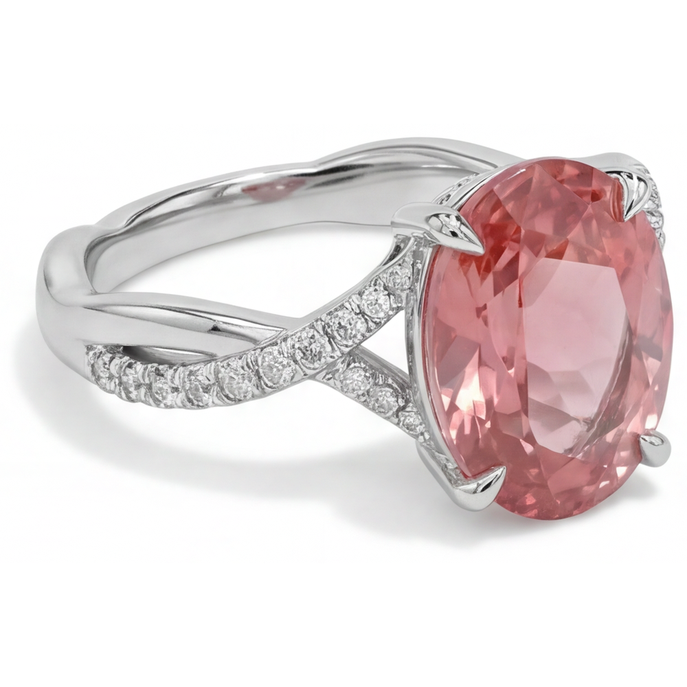 Oval Padparadscha Bypass Ring Natural 14K White Gold