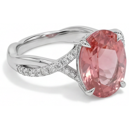 Oval Padparadscha Bypass Ring Natural 14K White Gold