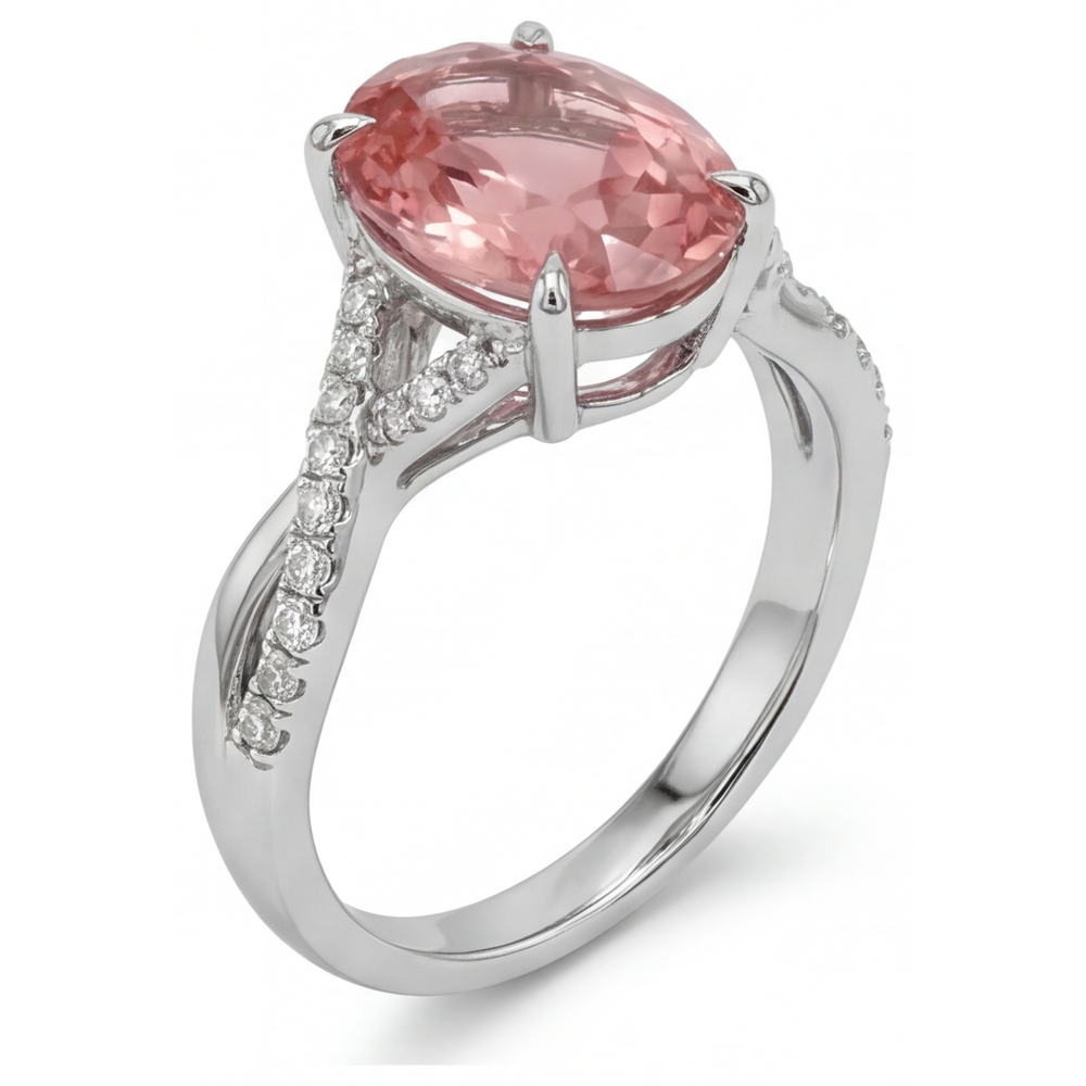 Oval Padparadscha Bypass Ring Natural 14K White Gold