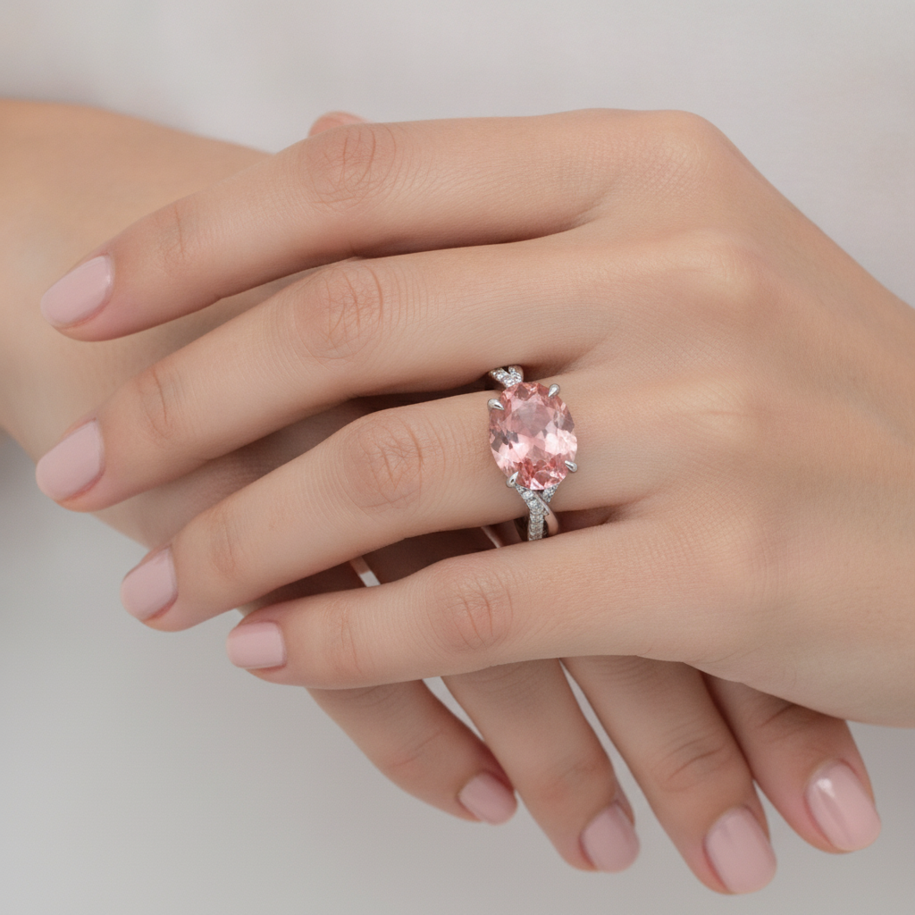 Oval Padparadscha Bypass Ring Natural 14K White Gold