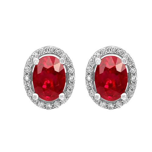 Oval Ruby With Round Natural Earth Mined Diamond Halo Stud Earrings 6.10 Carat WG 14K