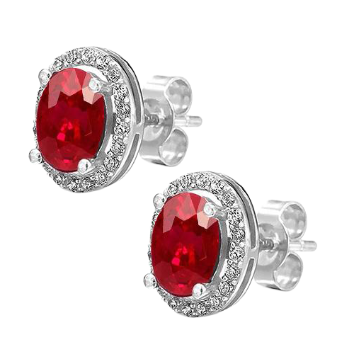 Oval Ruby With Round Natural Earth Mined Diamond Halo Stud Earrings 6.10 Carat WG 14K