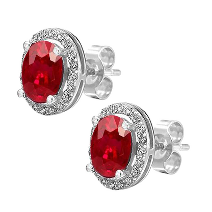 Oval Ruby With Round Natural Earth Mined Diamond Halo Stud Earrings 6.10 Carat WG 14K