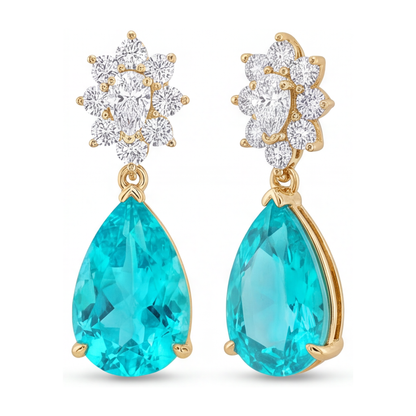 Paraiba Tourmaline Earrings 5 Carat Lab Grown Pear Cluster Leverback 14K Yellow Gold