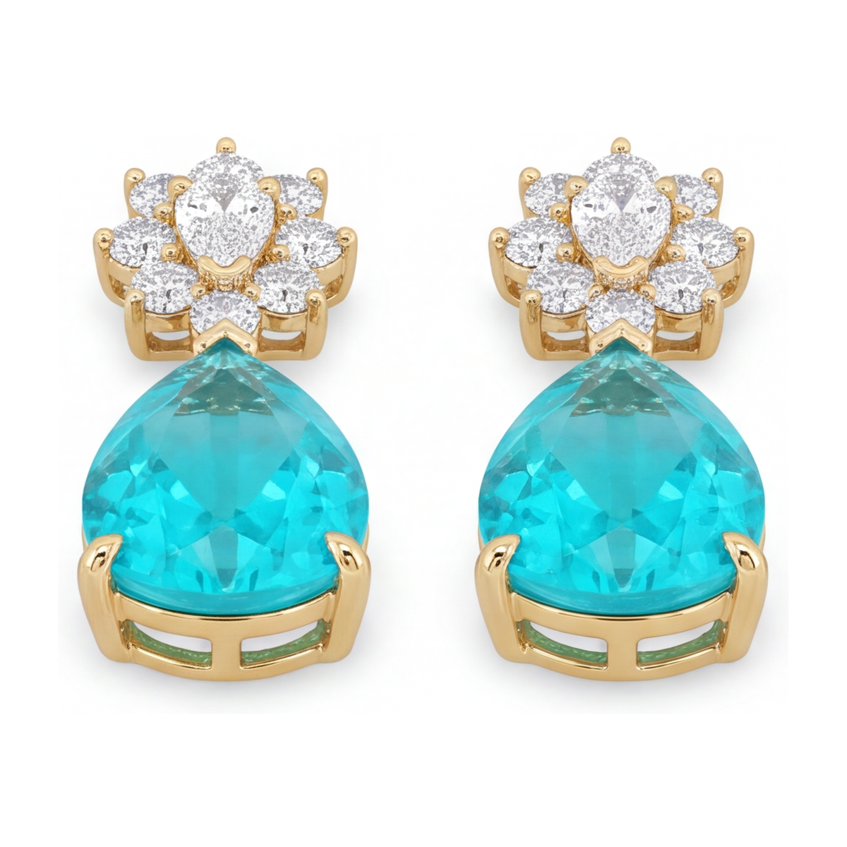 Paraiba Tourmaline Earrings 5 Carat Lab Grown Pear Cluster Leverback 14K Yellow Gold
