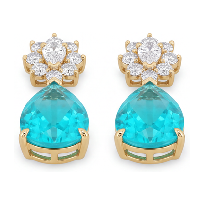 Paraiba Tourmaline Earrings 5 Carat Lab Grown Pear Cluster Leverback 14K Yellow Gold